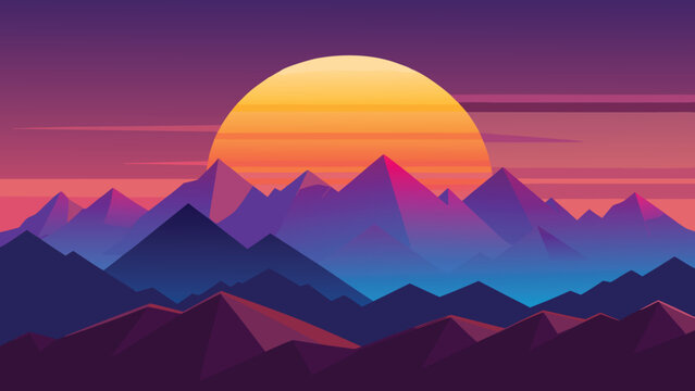 A vibrant synthwave style landscape featuring a giant glowing sun rising over jagged purple mountains