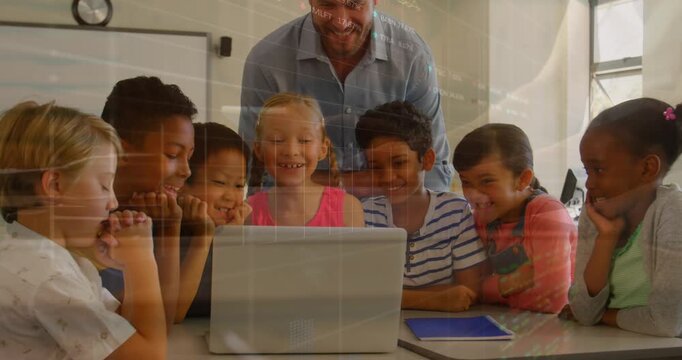 Animation of financial data processing over diverse schoolchildren in class