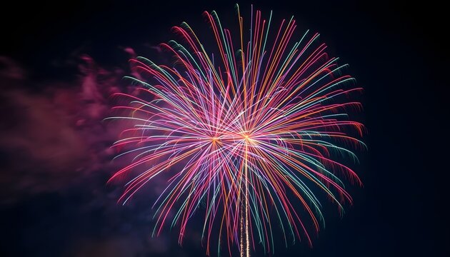 Spectacular long-exposure photograph of a large, vibrant, multi-colored firework bursting against a dark night sky. Features intersecting magenta and cyan trails with two bright cores and a light trai