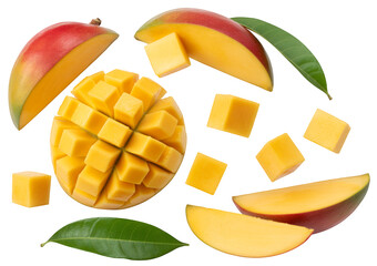 Fototapeta premium Sliced mangoes and cubes with leaves on black mango cubes green leaves isolated on a transparent background
