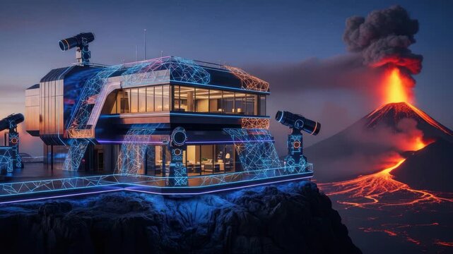 Futuristic structure overlooking volcanic landscape at dusk