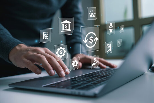 Businessman using computer for fund financial investment management and portfolio diversification concept.