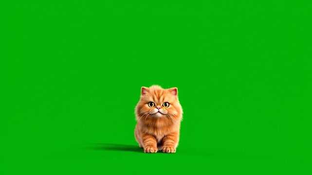 Fluffy ginger kitten with a grumpy expression on a green screen
