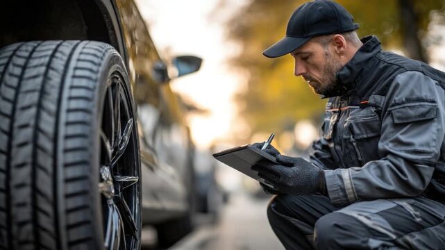 Automotive Tire Inspection: A focused auto mechanic meticulously examines a car tire, documenting its condition with precision and expertise, demonstrating a commitment to safety and quality.