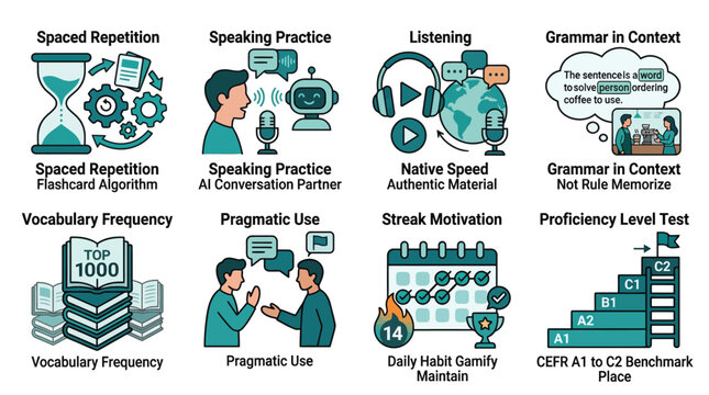 Language Learning App Features and Education Methods Icons Set