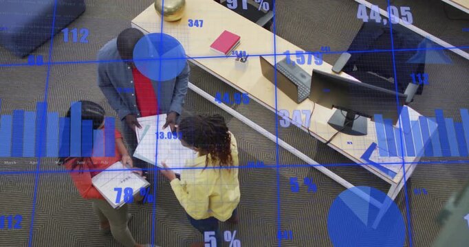 Animation of blue charts processing over diverse colleagues in discussing at casual office