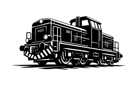 Low-angle perspective of a diesel switcher locomotive emphasizing compact industrial