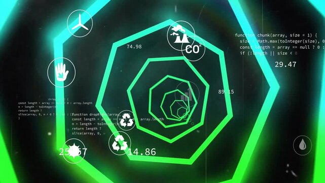 Animation of coding symbols and recycling icons in green and blue geometric tunnel