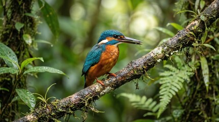 Fototapeta premium Kingfisher perched on a mossy branch with a fish in its beak surrounded by lush greenery in a serene natural setting with vibrant feathers