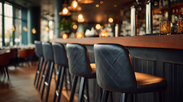Modern bar interior with stylish counter and chairs, warm lighting atmosphere, upscale hospitality design for nightlife, restaurant branding and social gathering setting