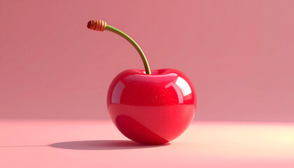 Obraz premium Glossy red cherry with stem on pink background a shiny fruit in studio style