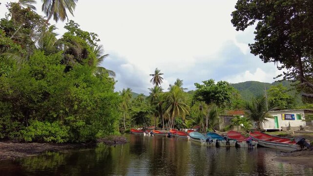 A serene panoramic view of the Choroni River, with several colorful boats used for transportation moored along its banks, Aragua, Venezuela