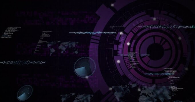 Purple concentric circular data visualization HUD animating in interface, with radar sweeps