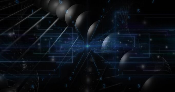 Central node emitting beams in digital scene, connecting floating spheres via neon-blue circuits