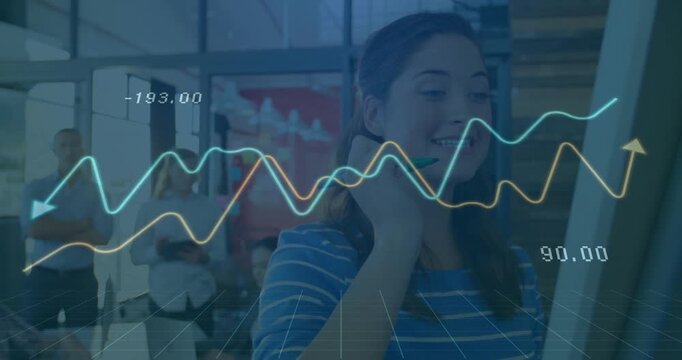 Woman grabbing marker plotting trends on clear board animating business data curves fluctuating