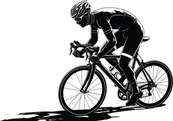 Obraz premium Black and white professional cyclist vector illustration, road bike racer in action, athletic bicycle rider training, sports competition silhouette, isolated.