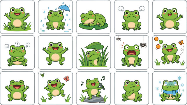 Set of fifteen flat vector frog emoji icons showing various emotions and activities including happy, sad, angry, singing, and sleeping for stickers.