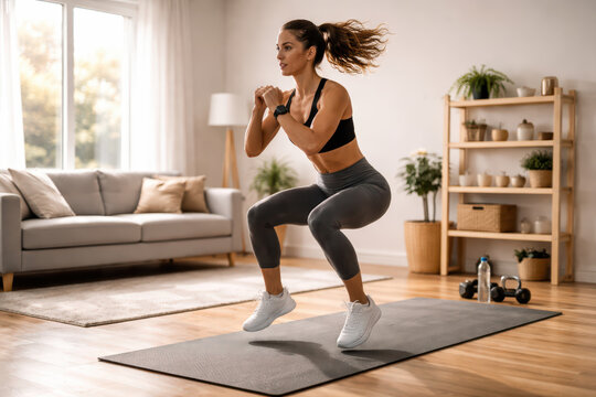 Woman exercising fitness workout home gym yoga mat activewear indoor exercise healthy lifestyle strength training jumping squat athletic woman living room dumbbell water bottle casual interior