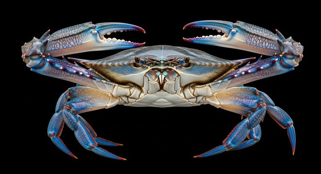 Atlantic blue crab (Callinectes sapidus) isolated on a solid black background, showcasing detailed shell and open pincers.