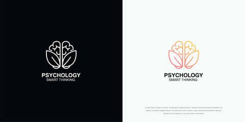 Fototapeta premium Psychology Smart Thinking Logo with Brain and Leaves for Mental Health and Growth