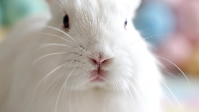 Adorable close-up of a fluffy white rabbit with a pink nose and long whiskers, embodying innocence and charm against a soft, pastel blurred background