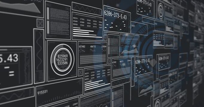 Camera panning driving 3D tile cluster sliding rightward and updating readouts, revealing panels
