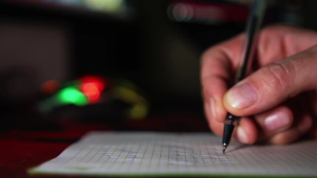 A pen writes on lined paper, creating visible strokes. Soft, blurred lights provide a vibrant backdrop.