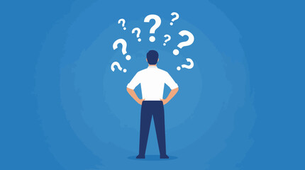 A man stands with question marks above his head, symbolizing confusion or decision-making. © Abhinaya Project
