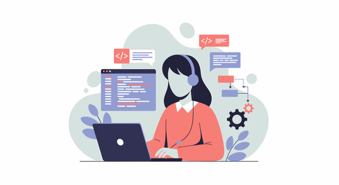 Female Programmer Working on Laptop with Code Editor Interface.