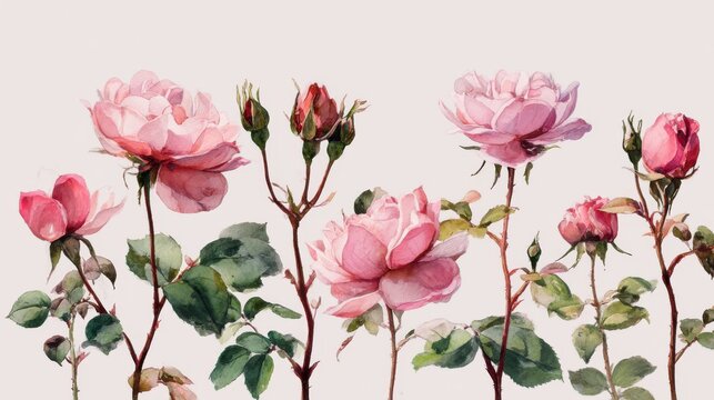 Delicate pink roses blooming with green foliage floral botanical