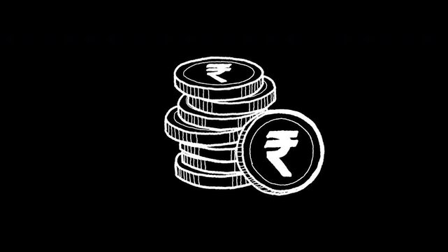 4K Animated Video Hand Drawn Indian Rupee Coins Stack Golden and White Outline on Transparent Background