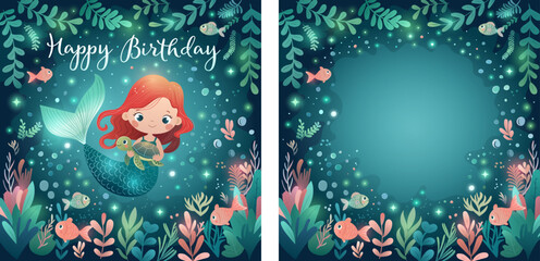 Obraz premium Cute mermaid birthday card template with underwater scene, fish, plants and glowing lights. design with text and copy space. Perfect for kids party invitations, greeting cards and prints