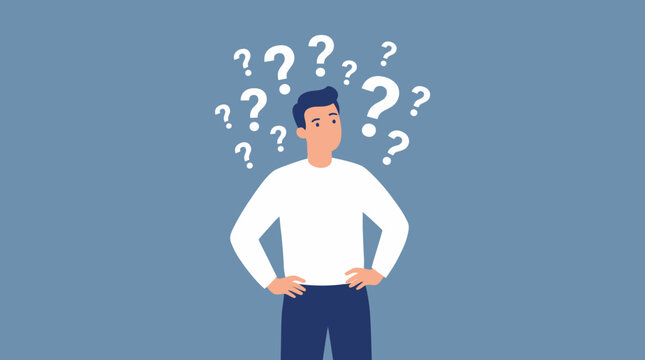 A man looking thoughtful or confused with question marks floating above his head on a blue background.