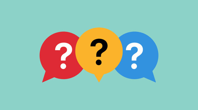 Three colorful speech bubbles with question marks on a teal background, representing inquiry and communication.