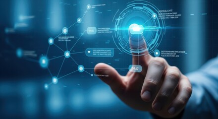 Fototapeta premium Hand selecting blockchain transaction node on digital interface, fintech style, blue toned background, realistic stock photo.