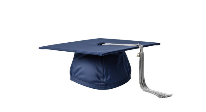A navy blue graduation cap with a silver tassel on a transparent background