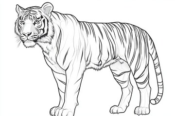 Obraz premium Intricate Black and White Line Drawing of a Fierce Tiger, Capturing Its Strength and Majesty
