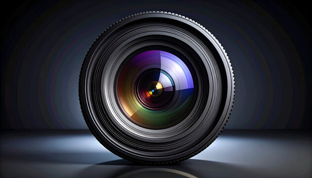 Close-up shot of a professional camera lens with rainbow colored reflections for photography use