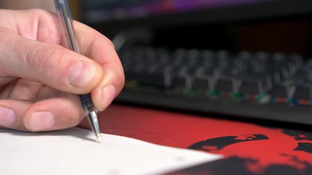 A hand writes on paper above a patterned surface, with a keyboard&rsquo;s dynamic lighting in the background. Focus is on the writing process and colorful illumination.