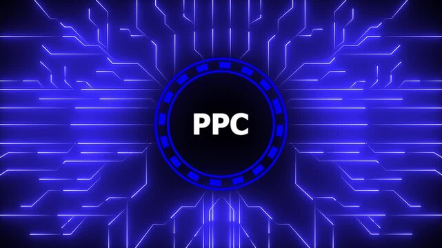 PPC &ndash; Pay Per Click. PPC concept head up display (HUD UI) panel and futuristic technology. Digital Data moving on Circuit Board and CPU . Computer Processing and organizing data.4k animation video.
