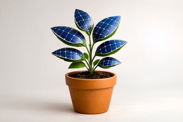 Fototapeta premium Potted houseplant with glossy blue solar panel leaves on clean background, creative renewable energy concept blending nature and technology in a minimal modern eco design