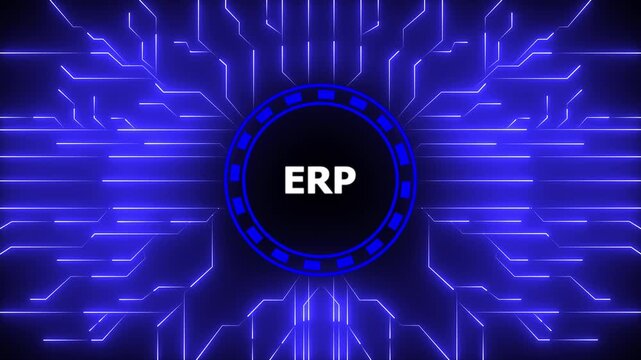ERP &ndash; Enterprise Resource Planning. ERP concept head up display (HUD UI) panel and futuristic technology.Digital Data moving on Circuit Board and CPU.Computer Processing and organizing data.4k video.
