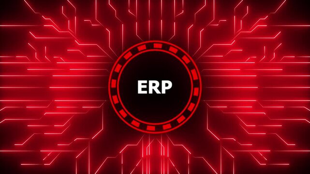 ERP &ndash; Enterprise Resource Planning. ERP concept head up display (HUD UI) panel and futuristic technology.Digital Data moving on Circuit Board and CPU.Computer Processing and organizing data.4k video.