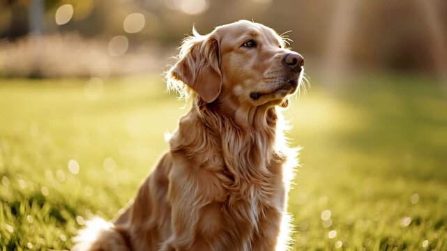 A beautiful Golden Retriever dog enjoying the warm glow of the golden hour, sitting peacefully in a sun-kissed grassy field, capturing its serene disposition