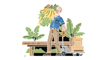 Harvest of Abundance: A worker diligently transports a generous bundle of ripe bananas, accompanied by a loaded pallet. © Ajhar234