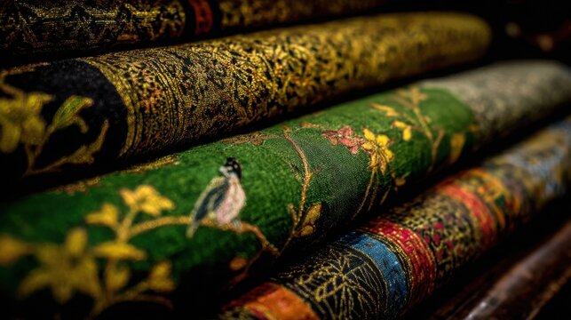 Intricately patterned batik fabric samples in vibrant colors with floral and avian motifs