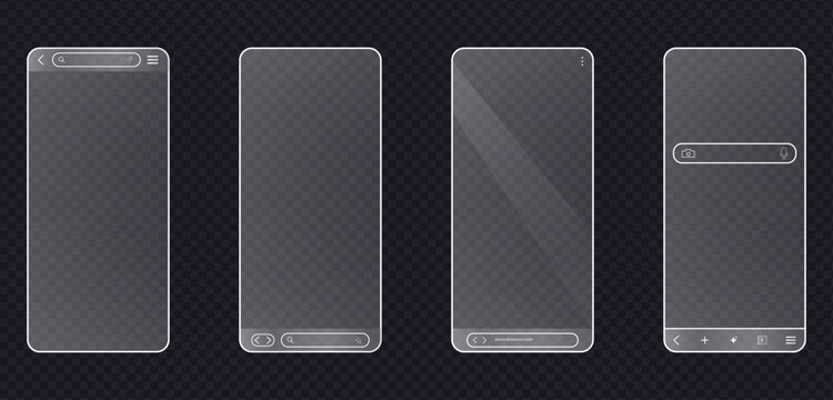 Transparent mobile browser mockup set with glass interface on dark background glass smartphone screen mockups with browser search bars, navigation icons, transparent design, glass texture, vector.