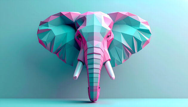 Low poly elephant head with geometric design and pink and teal color scheme