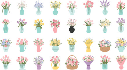 Fototapeta premium Colorful flower bouquet collection in vases with various floral arrangements for decoration, spring season and romantic design flat vector illustration set