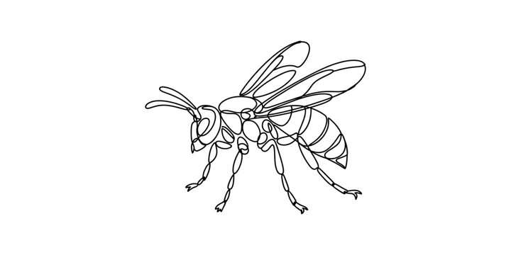 Elegant continuous line drawing of a wasp or hornet insect isolated on a white background.